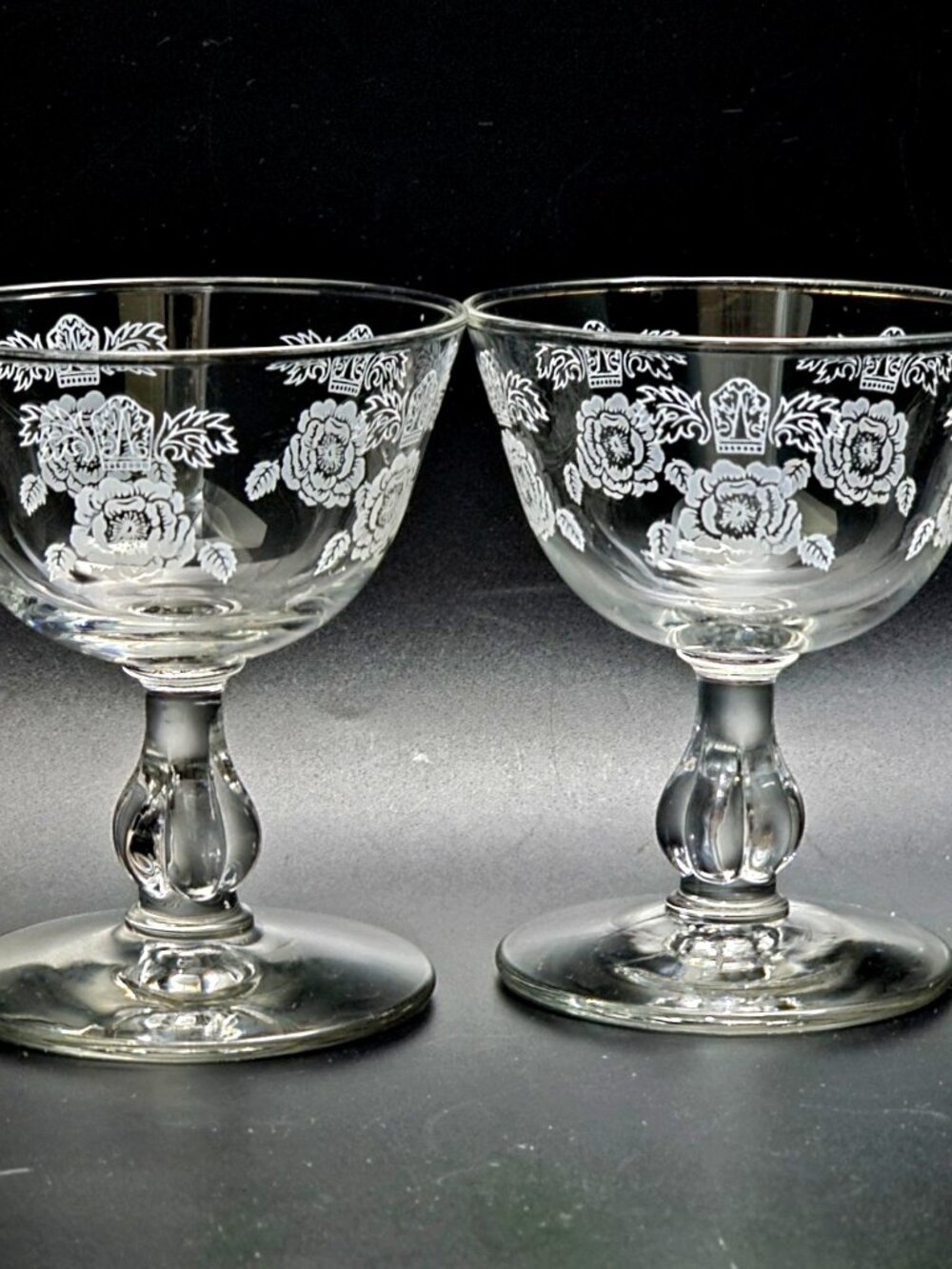 2 Queen Esther Champagne Coupe Glasses 4.25" Homer Laughlin romantic rose floral